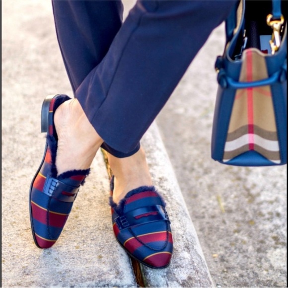 J. Crew Shoes - J. Crew Academy Striped Tie Faux Fur Mules Loafers 9.5